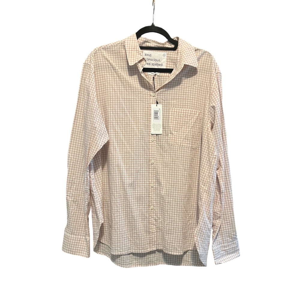 Unsubscribed Tan Gingham Boyfriend Button Down Shirt M NWT 100% Cotton - Picture 2 of 8